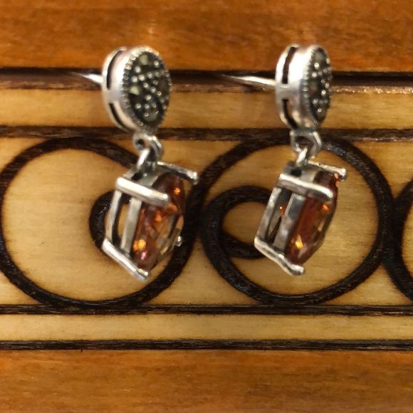 Stunning Faceted Golden Citrine Marcasite Sterling Silver Drop Earrings - Picture 5 of 11